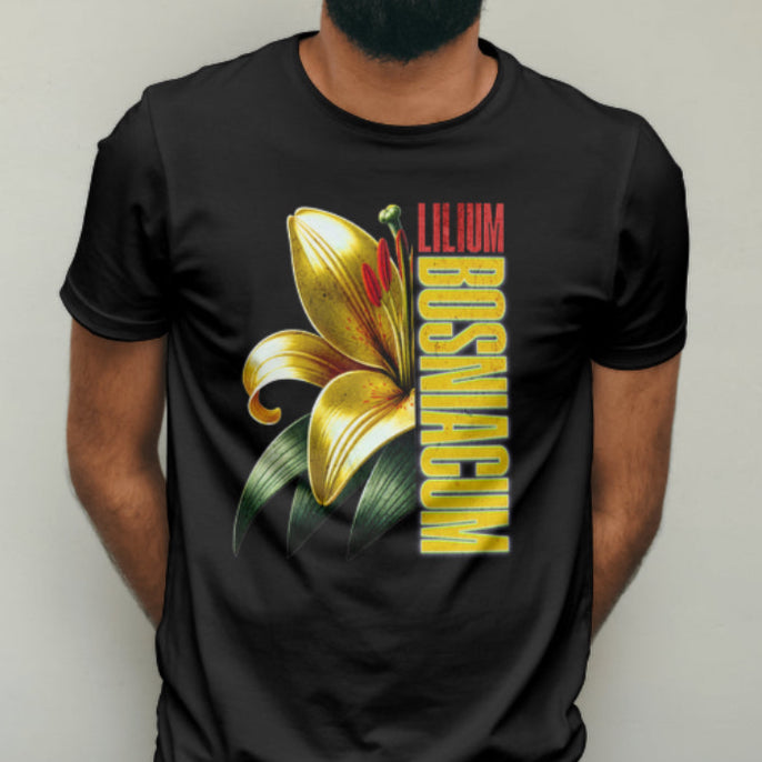 Goldlilie T-Shirt mit vertikaler Inschrift Lilium bosniacum