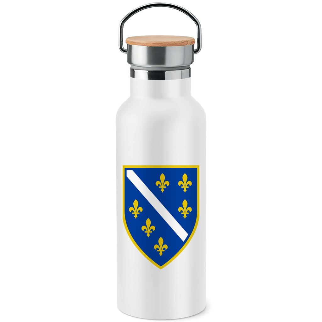 Wappen von Bosnien Edelstahl-Trinkflasche mit Bambusdeckel