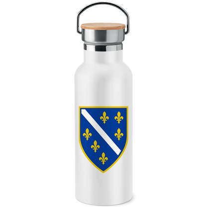 Wappen von Bosnien Edelstahl-Trinkflasche mit Bambusdeckel