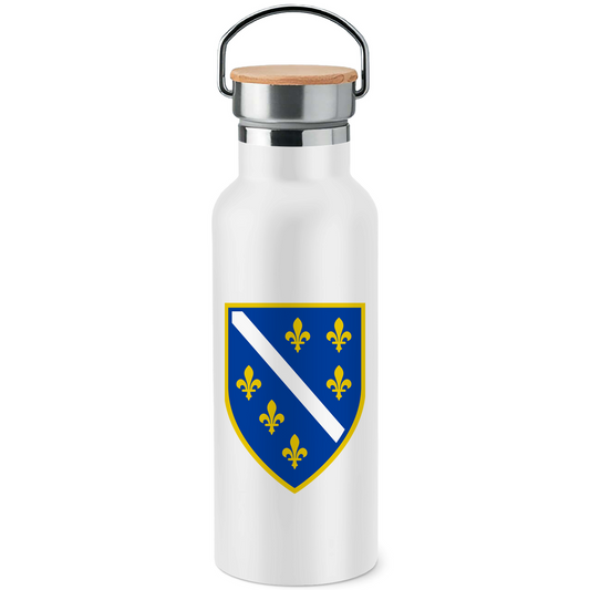 Wappen von Bosnien Edelstahl-Trinkflasche mit Bambusdeckel